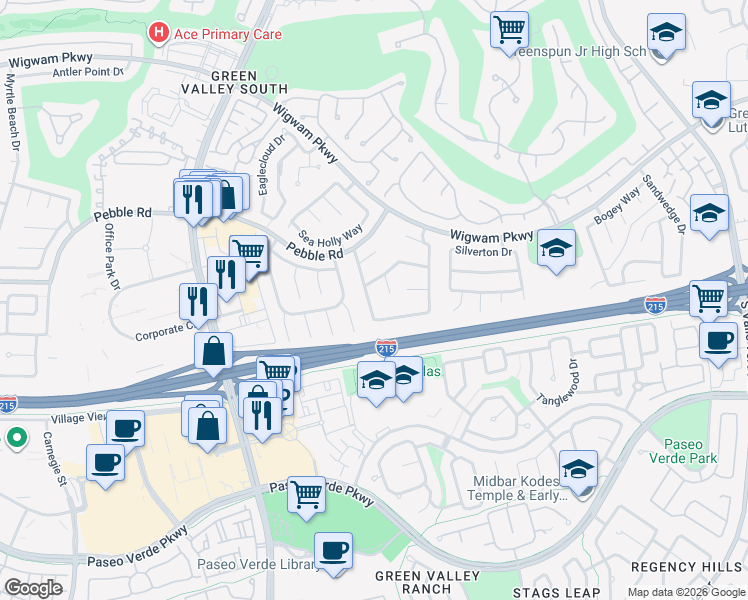 map of restaurants, bars, coffee shops, grocery stores, and more near 10 Crown Valley Drive in Henderson