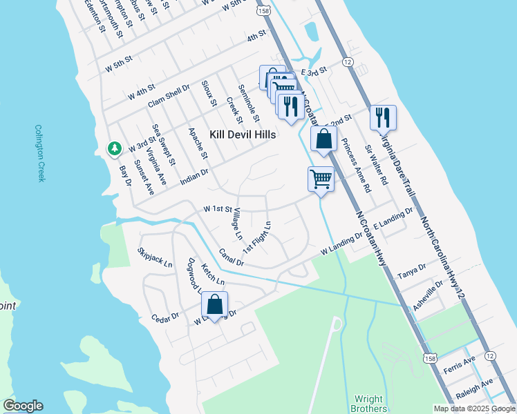 map of restaurants, bars, coffee shops, grocery stores, and more near 402 West 1st Street in Kill Devil Hills