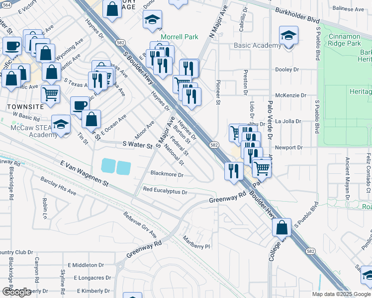 map of restaurants, bars, coffee shops, grocery stores, and more near 581 Federal St in Henderson
