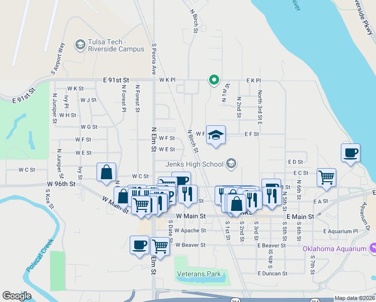 map of restaurants, bars, coffee shops, grocery stores, and more near 523 N Cedar St in Jenks