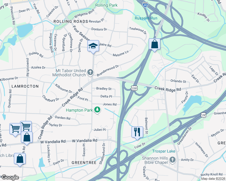 map of restaurants, bars, coffee shops, grocery stores, and more near 2201 Decca Street in Greensboro