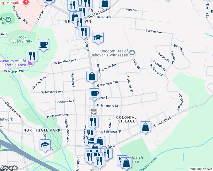 map of restaurants, bars, coffee shops, grocery stores, and more near 408 East Maynard Avenue in Durham