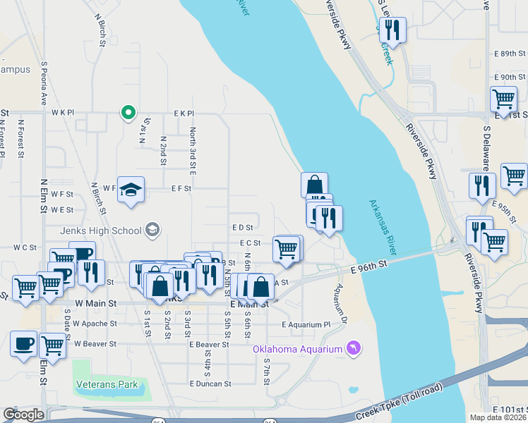 map of restaurants, bars, coffee shops, grocery stores, and more near 517 North 6th Street in Jenks