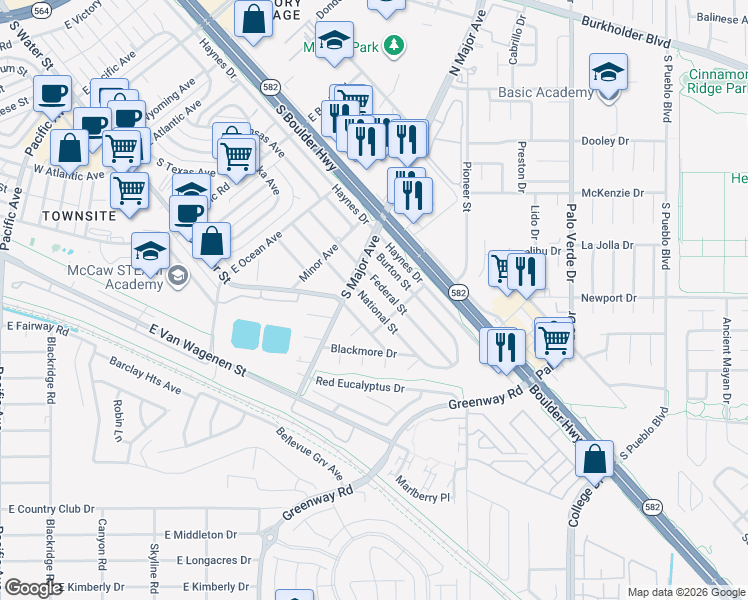 map of restaurants, bars, coffee shops, grocery stores, and more near 551 National Street in Henderson