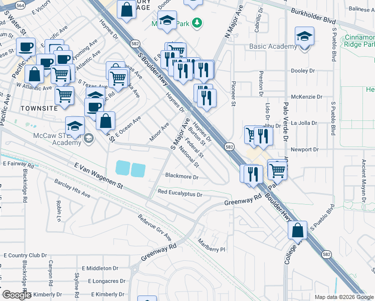 map of restaurants, bars, coffee shops, grocery stores, and more near 551 National Street in Henderson