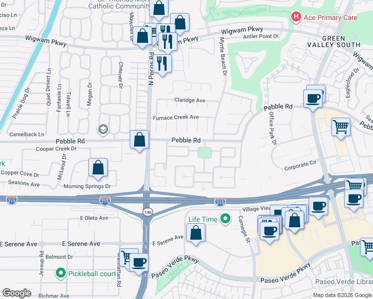 map of restaurants, bars, coffee shops, grocery stores, and more near 2457 Vía De Milano in Henderson