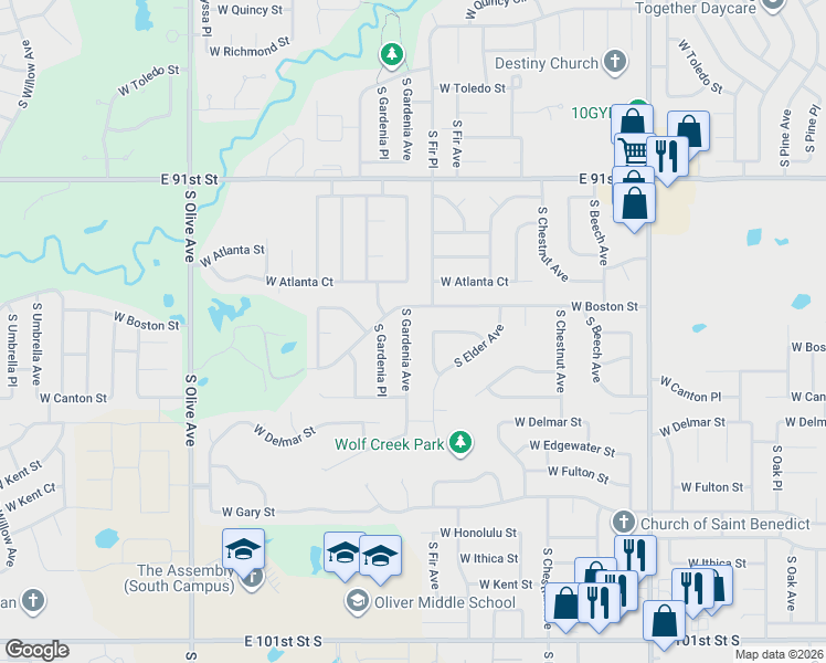 map of restaurants, bars, coffee shops, grocery stores, and more near 2615 South Gardenia Avenue in Broken Arrow