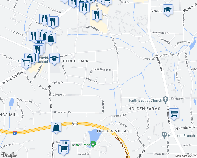 map of restaurants, bars, coffee shops, grocery stores, and more near 7 Glenrose Court in Greensboro