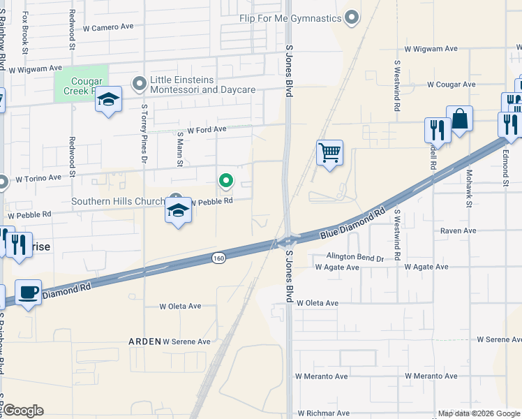 map of restaurants, bars, coffee shops, grocery stores, and more near 8960 South Bronco Street in Las Vegas