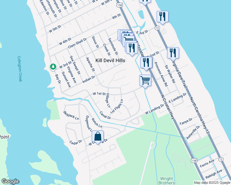 map of restaurants, bars, coffee shops, grocery stores, and more near 402 West 1st Street in Kill Devil Hills