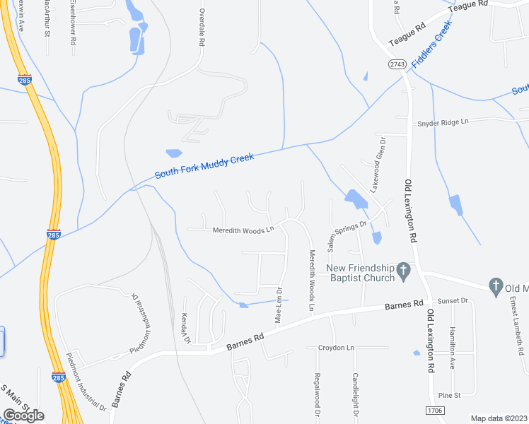 map of restaurants, bars, coffee shops, grocery stores, and more near Muddy Creek Drive in Winston-Salem