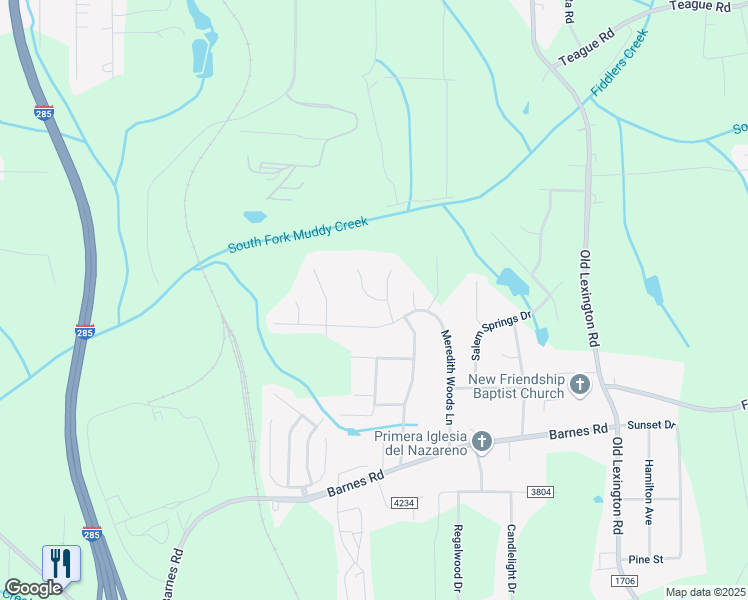 map of restaurants, bars, coffee shops, grocery stores, and more near Muddy Creek Drive in Winston-Salem