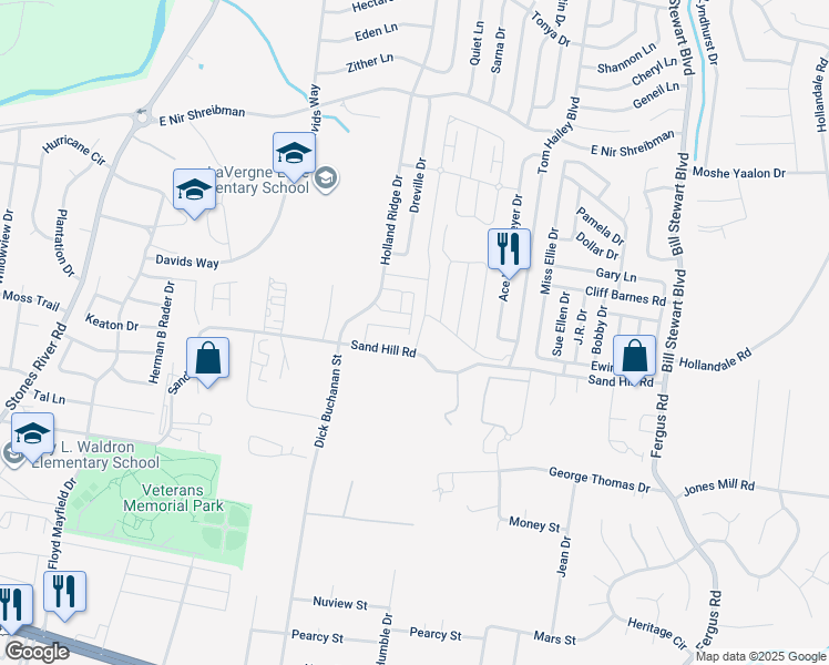 map of restaurants, bars, coffee shops, grocery stores, and more near 1022 Arlene Drive in La Vergne