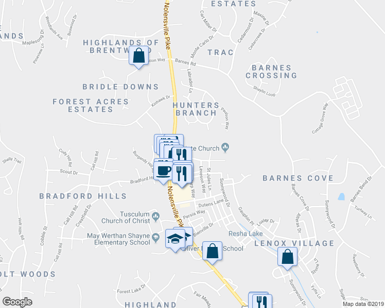 map of restaurants, bars, coffee shops, grocery stores, and more near 7231 Althorp Way in Nashville