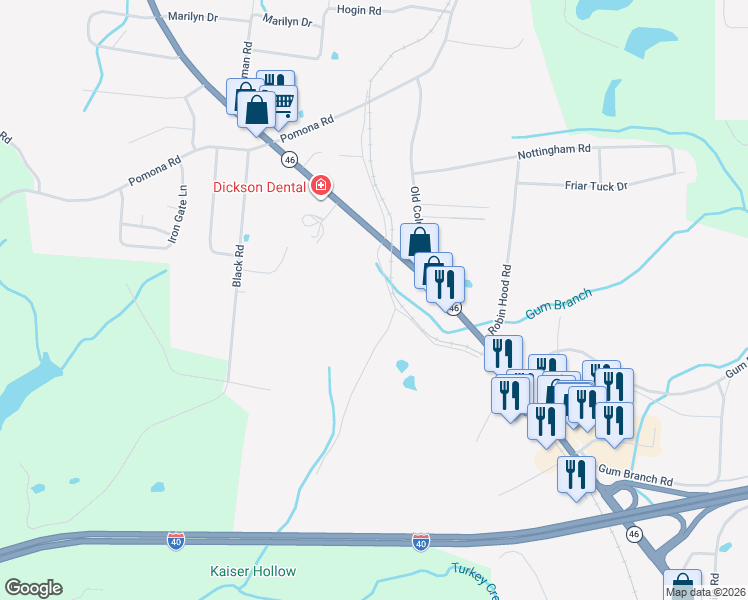 map of restaurants, bars, coffee shops, grocery stores, and more near 412 Kaiser Road in Dickson
