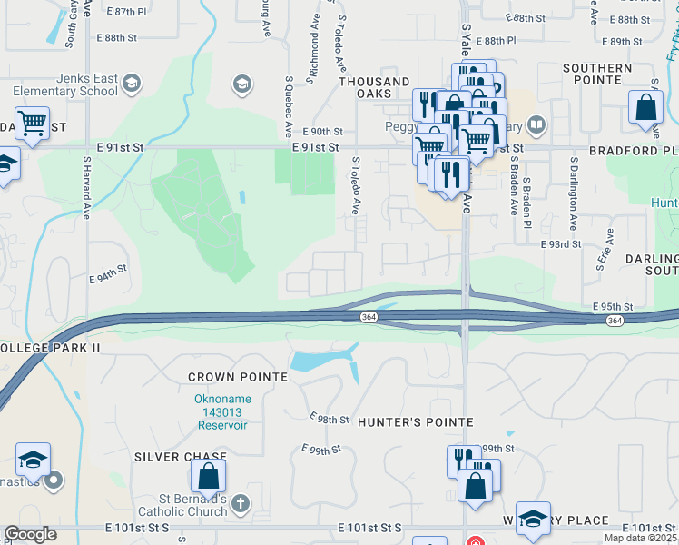 map of restaurants, bars, coffee shops, grocery stores, and more near 9402 South Sandusky Place East in Tulsa