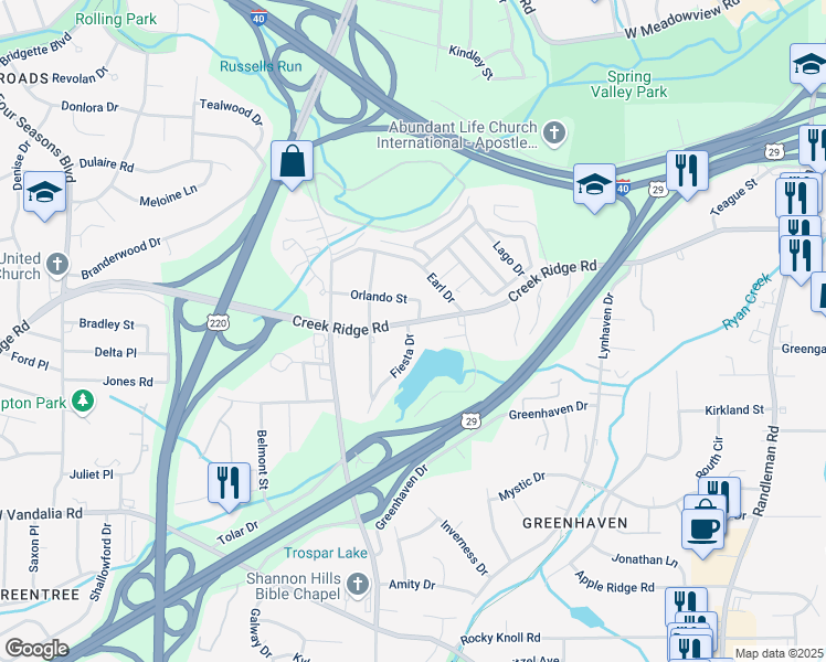 map of restaurants, bars, coffee shops, grocery stores, and more near 817 Creek Ridge Road in Greensboro