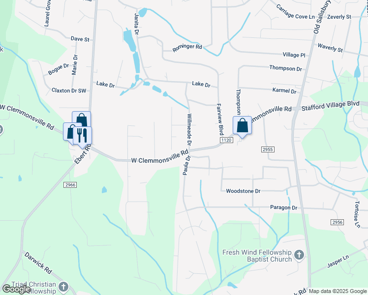 map of restaurants, bars, coffee shops, grocery stores, and more near 4190 Willmeade Dr in Winston-Salem