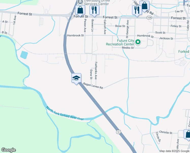 map of restaurants, bars, coffee shops, grocery stores, and more near 477 Fairbanks Avenue in Dyersburg