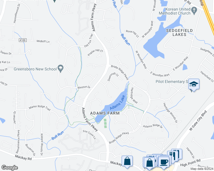 map of restaurants, bars, coffee shops, grocery stores, and more near 5314 Highstream Court in Greensboro