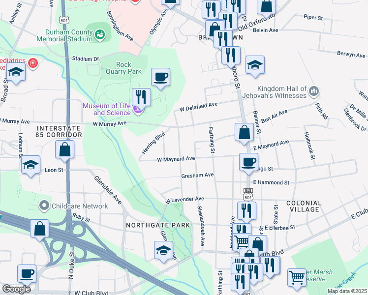 map of restaurants, bars, coffee shops, grocery stores, and more near 2808 Elgin Street in Durham