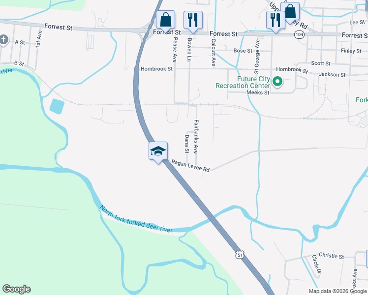 map of restaurants, bars, coffee shops, grocery stores, and more near 477 Fairbanks Avenue in Dyersburg