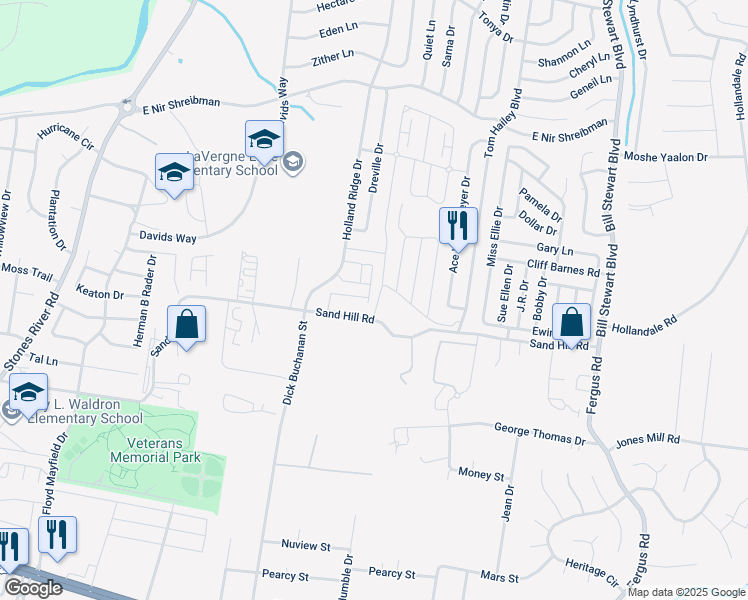 map of restaurants, bars, coffee shops, grocery stores, and more near 1022 Arlene Drive in La Vergne