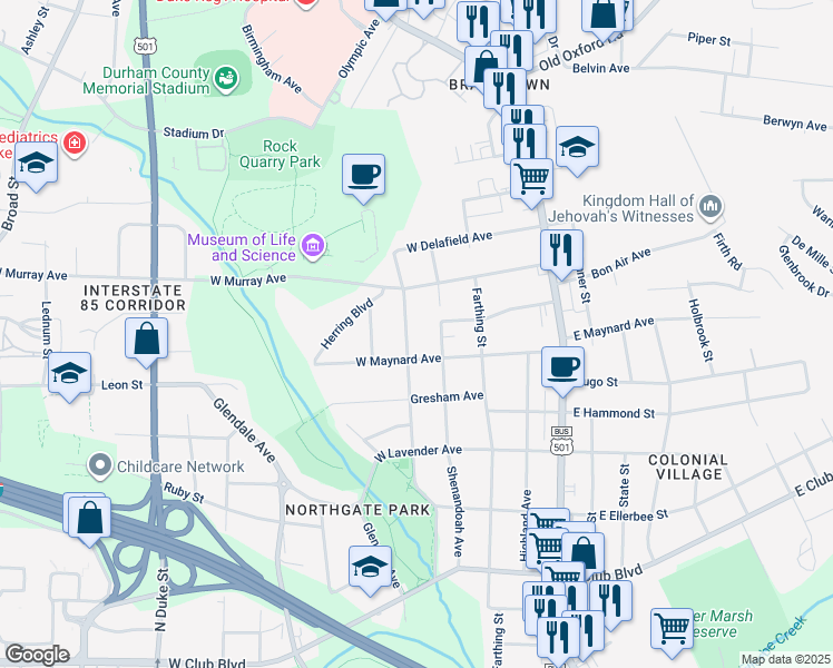 map of restaurants, bars, coffee shops, grocery stores, and more near 2808 Elgin Street in Durham