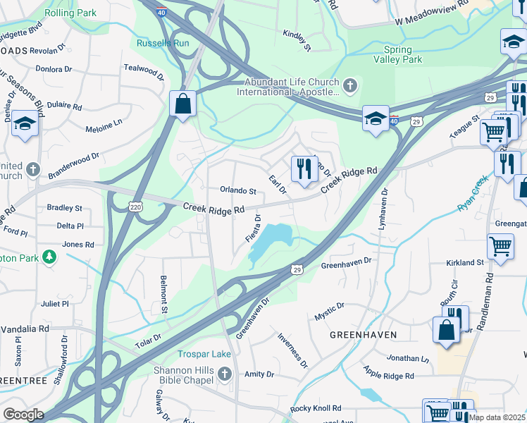 map of restaurants, bars, coffee shops, grocery stores, and more near 817 Creek Ridge Road in Greensboro