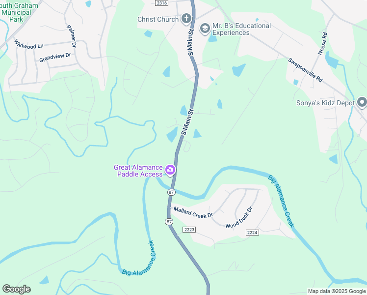map of restaurants, bars, coffee shops, grocery stores, and more near 2048 South Main Street in Graham