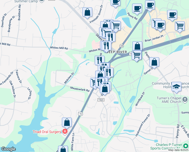 map of restaurants, bars, coffee shops, grocery stores, and more near 3729 Sutton Way in High Point