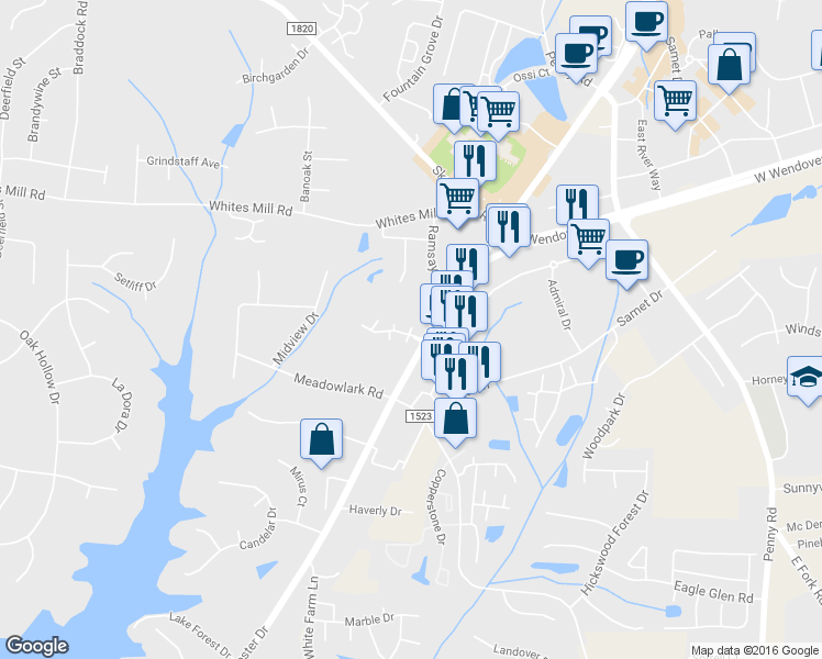map of restaurants, bars, coffee shops, grocery stores, and more near 3780 Pembroke Terrace in High Point