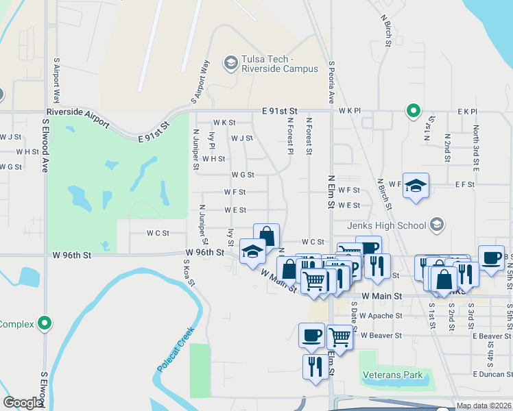 map of restaurants, bars, coffee shops, grocery stores, and more near 907 West E Street in Jenks