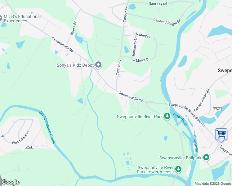 map of restaurants, bars, coffee shops, grocery stores, and more near 2275 Swepsonville Road in Graham