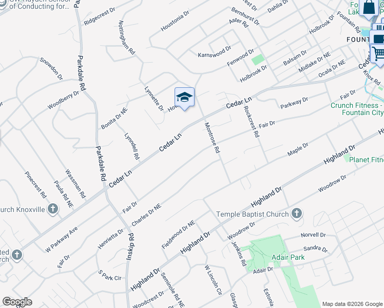 map of restaurants, bars, coffee shops, grocery stores, and more near 1739 Fair Drive in Knoxville