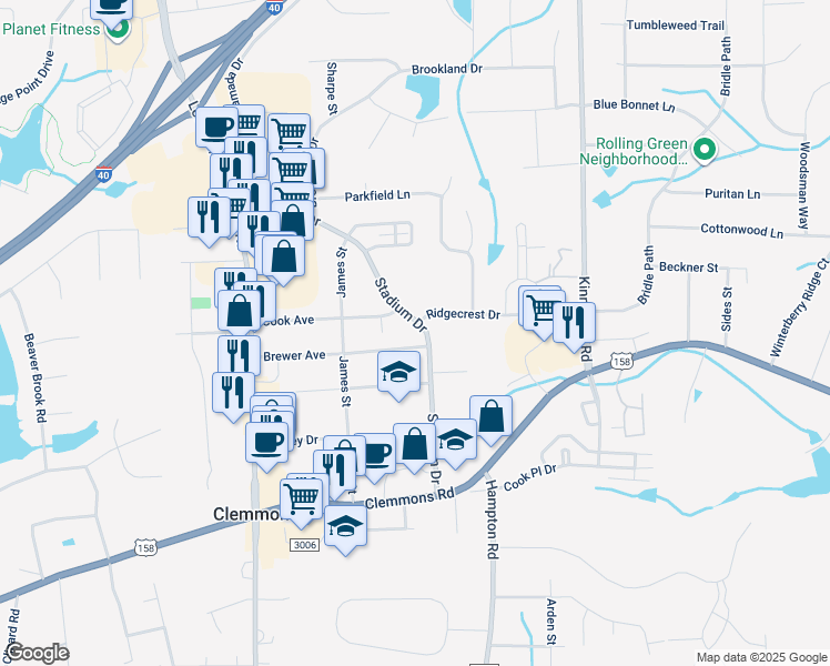 map of restaurants, bars, coffee shops, grocery stores, and more near 6130 Stadium Drive in Clemmons