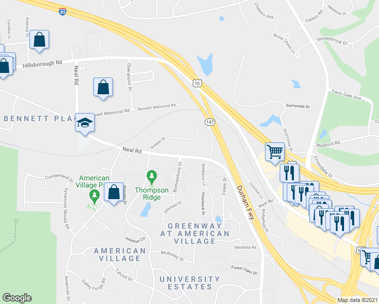 map of restaurants, bars, coffee shops, grocery stores, and more near 4116 Neal Road in Durham