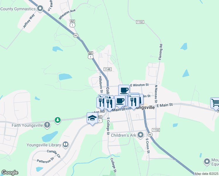 map of restaurants, bars, coffee shops, grocery stores, and more near 218 College Street in Youngsville