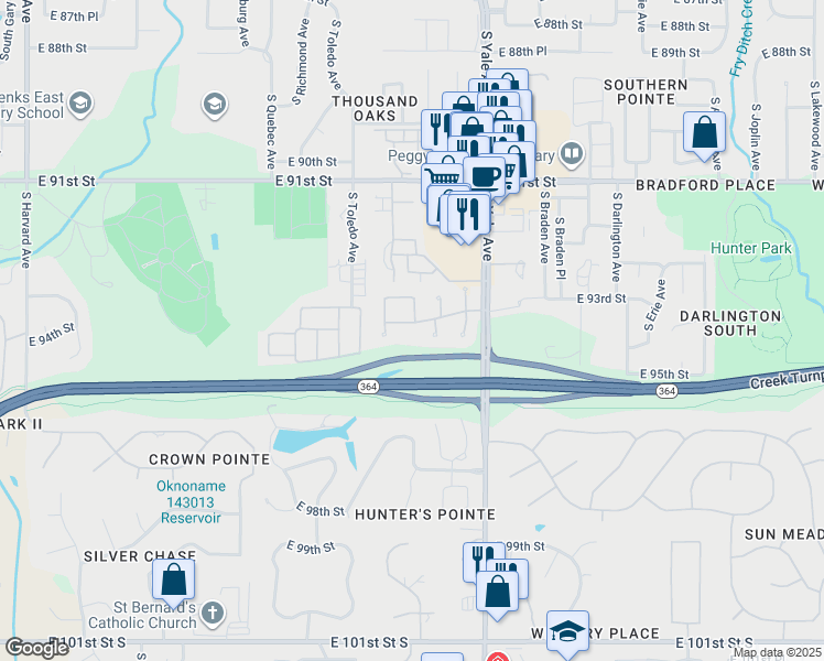 map of restaurants, bars, coffee shops, grocery stores, and more near 4616 E 94th St in Tulsa