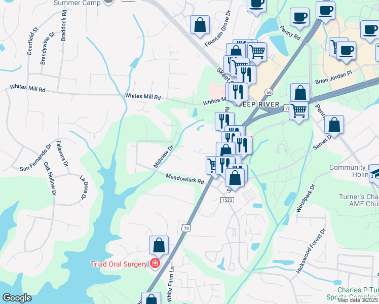 map of restaurants, bars, coffee shops, grocery stores, and more near 3704 Sutton Way in High Point