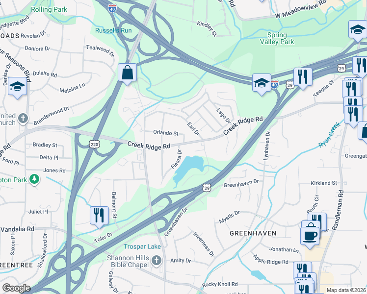 map of restaurants, bars, coffee shops, grocery stores, and more near 815 Creek Ridge Road in Greensboro
