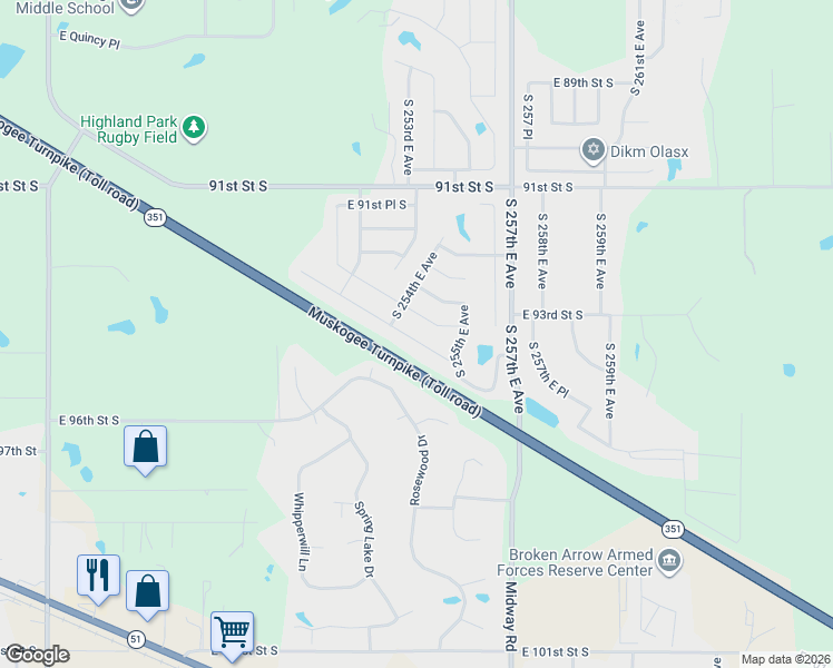 map of restaurants, bars, coffee shops, grocery stores, and more near 25431 East 93rd Court South in Broken Arrow
