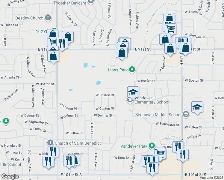 map of restaurants, bars, coffee shops, grocery stores, and more near 1504 West Boston Court in Broken Arrow