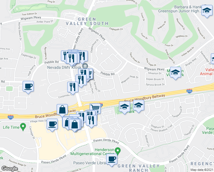 map of restaurants, bars, coffee shops, grocery stores, and more near 21 Olive Tree in Henderson