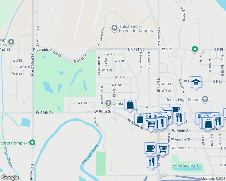 map of restaurants, bars, coffee shops, grocery stores, and more near 605 Ivy Street in Jenks