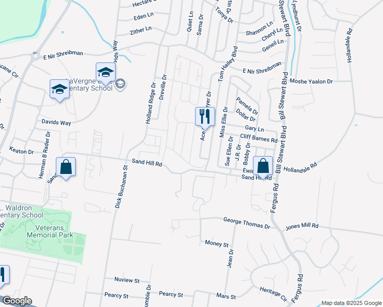 map of restaurants, bars, coffee shops, grocery stores, and more near Logan Drive in La Vergne