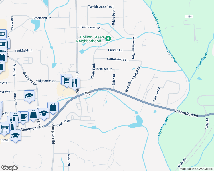 map of restaurants, bars, coffee shops, grocery stores, and more near 3314 South Stratford Road in Winston-Salem