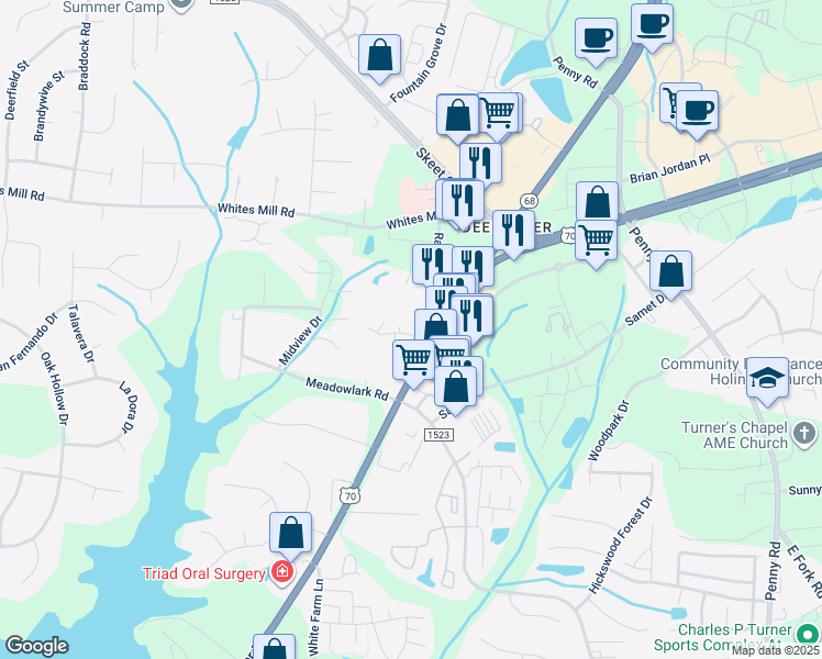 map of restaurants, bars, coffee shops, grocery stores, and more near 3729 Sutton Way in High Point