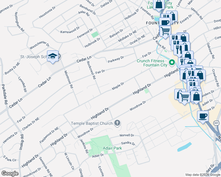 map of restaurants, bars, coffee shops, grocery stores, and more near 2117 Maple Drive in Knoxville