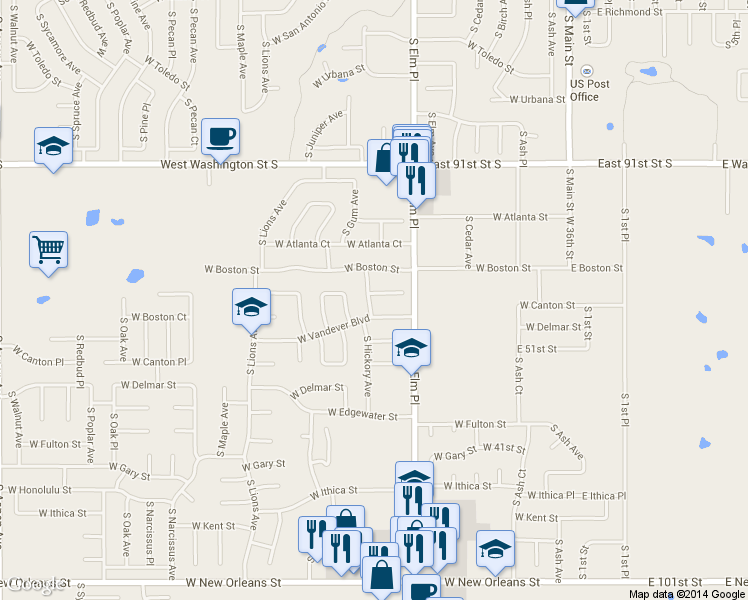 map of restaurants, bars, coffee shops, grocery stores, and more near 718 West Vandever Boulevard in Broken Arrow